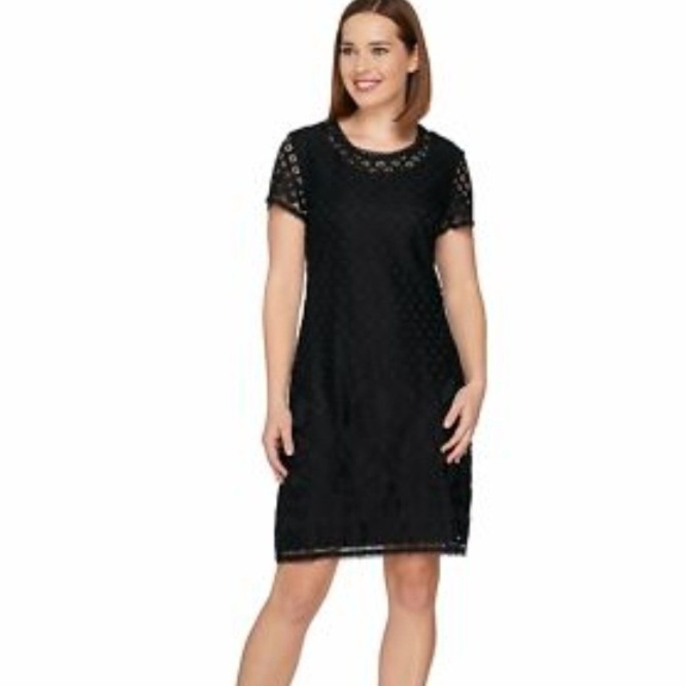 Isaac Mizrahi Live! Black Lace Shift Dress Split Neck Short Sleeve Size S